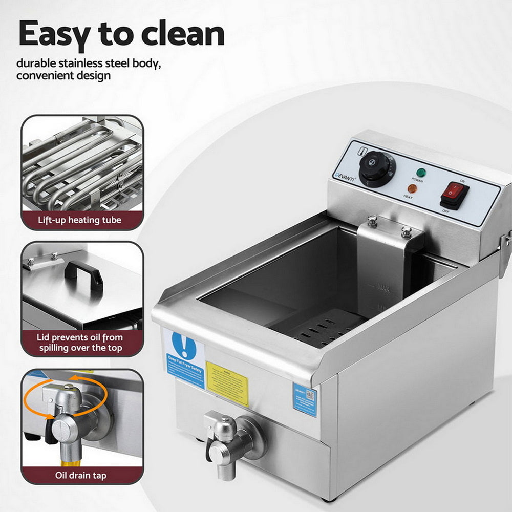 Devanti 3000W Electric Deep Fryer 10L Stainless Steel Fryer w/ Basket & Lid-Appliances > Kitchen Appliances > Deep Fryers-PEROZ Accessories