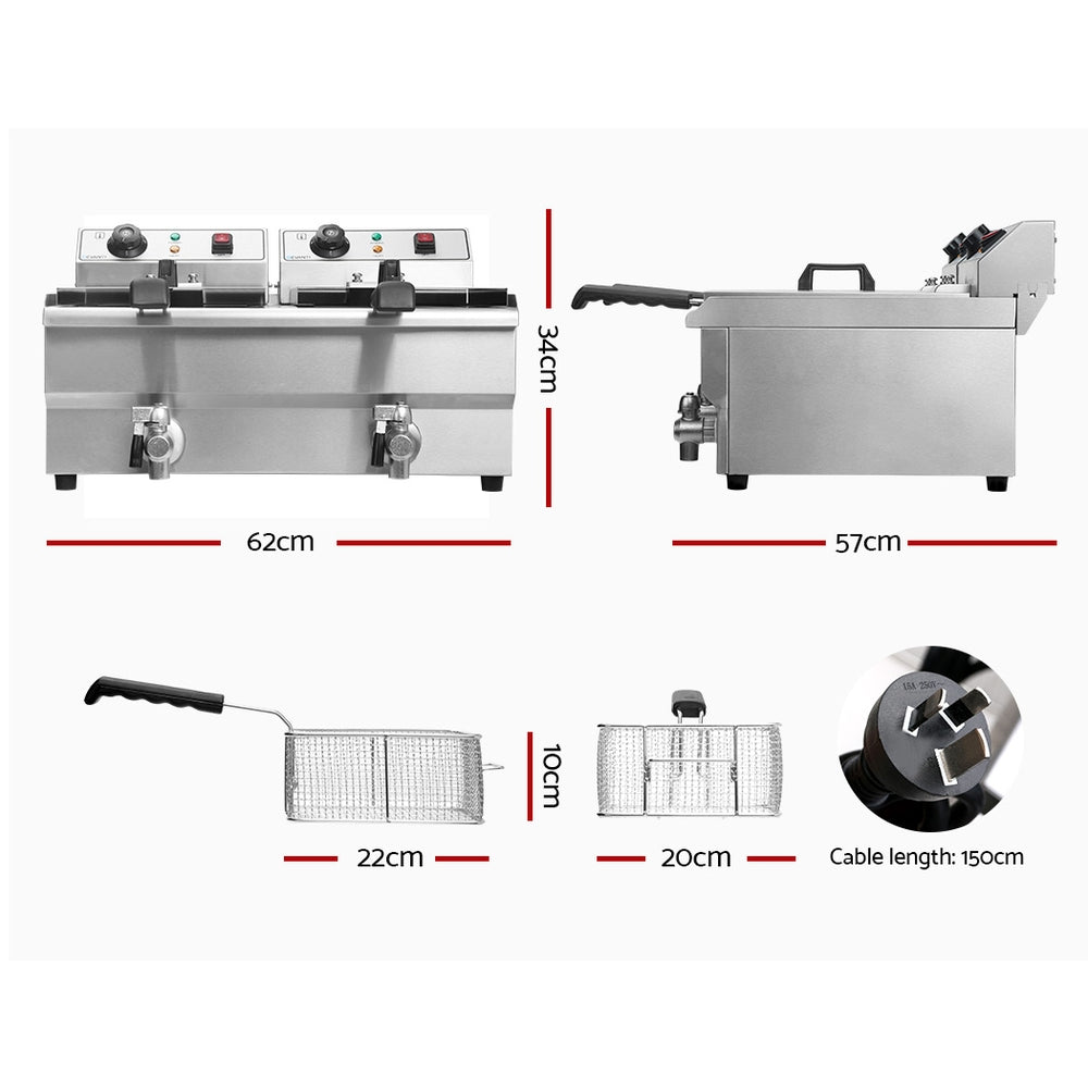 Devanti 20L Electric Commercial Deep Fryer Double Baskets Oil Taps 6000W-Appliances > Kitchen Appliances-PEROZ Accessories