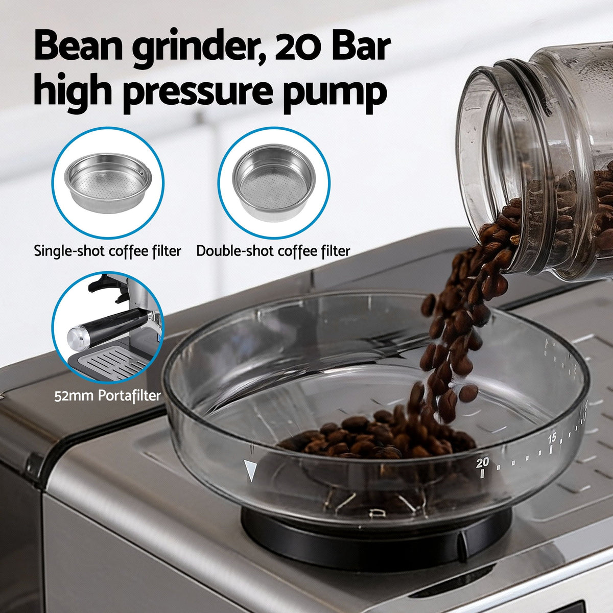 Devanti Coffee Machine Espresso Latte Maker with Grinder Milk Frother Steam Wand-Appliances > Kitchen Appliances > Coffee Machines & Accessories-PEROZ Accessories