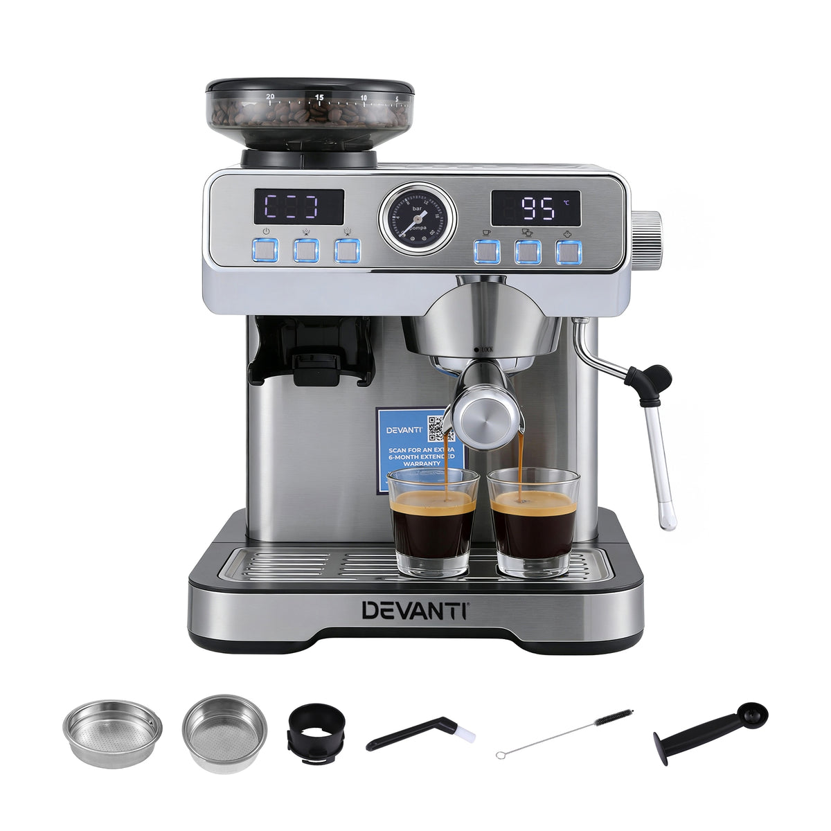 Devanti Coffee Machine Espresso Latte Maker with Grinder Milk Frother Steam Wand-Appliances > Kitchen Appliances > Coffee Machines & Accessories-PEROZ Accessories