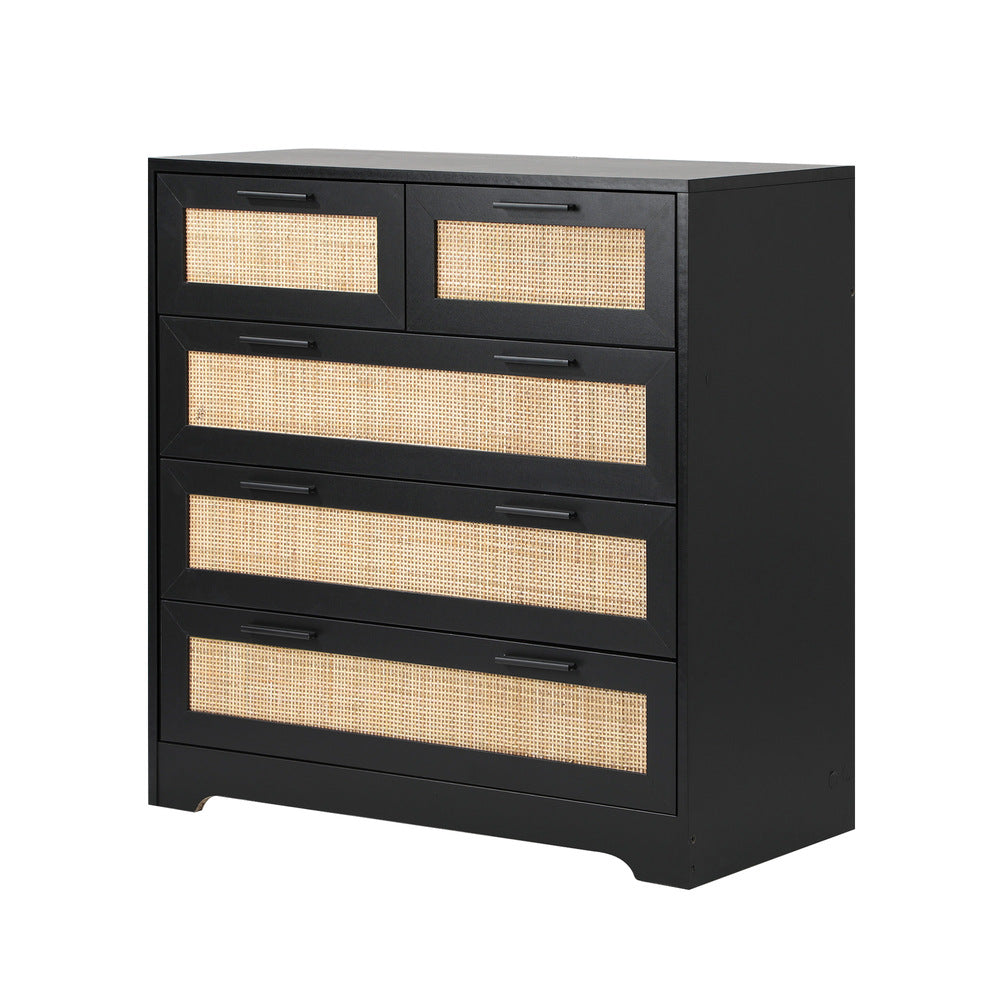 Oikiture 5 Chest of Drawers Dresser Rattan Black-Chest of Drawers-PEROZ Accessories