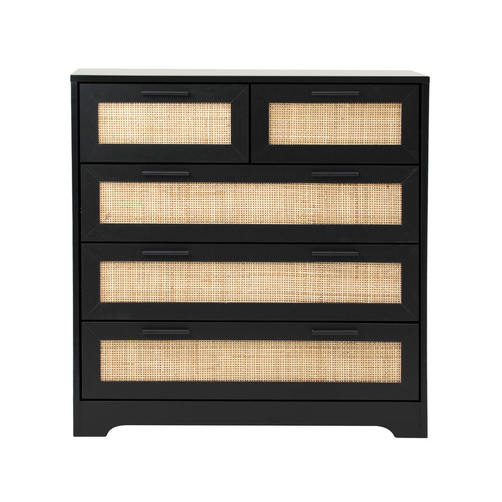Oikiture 5 Chest of Drawers Dresser Rattan Black-Chest of Drawers-PEROZ Accessories