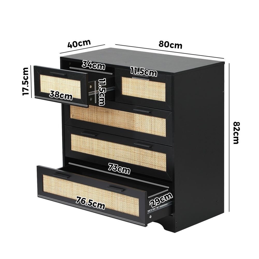 Oikiture 5 Chest of Drawers Dresser Rattan Black-Chest of Drawers-PEROZ Accessories