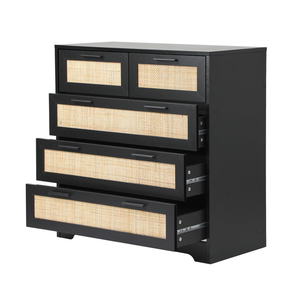 Oikiture 5 Chest of Drawers Dresser Rattan Black-Chest of Drawers-PEROZ Accessories