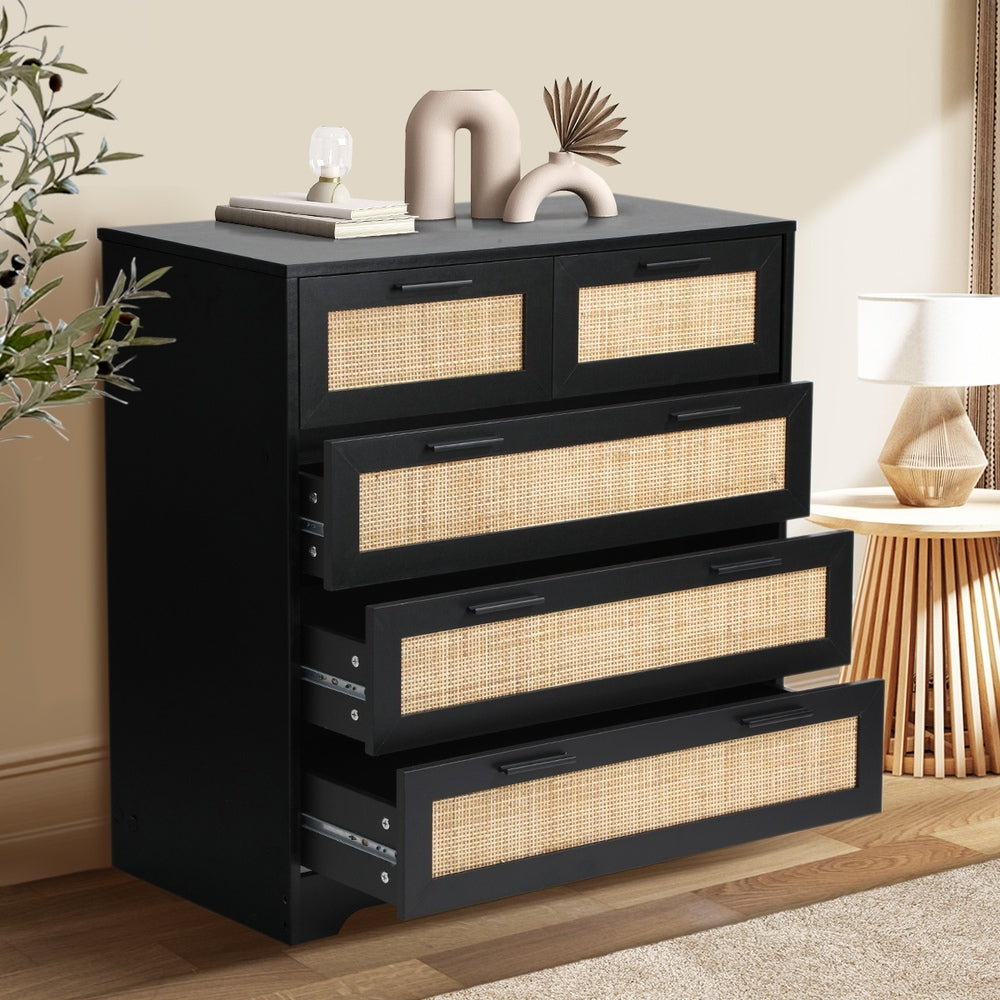 Oikiture 5 Chest of Drawers Dresser Rattan Black-Chest of Drawers-PEROZ Accessories