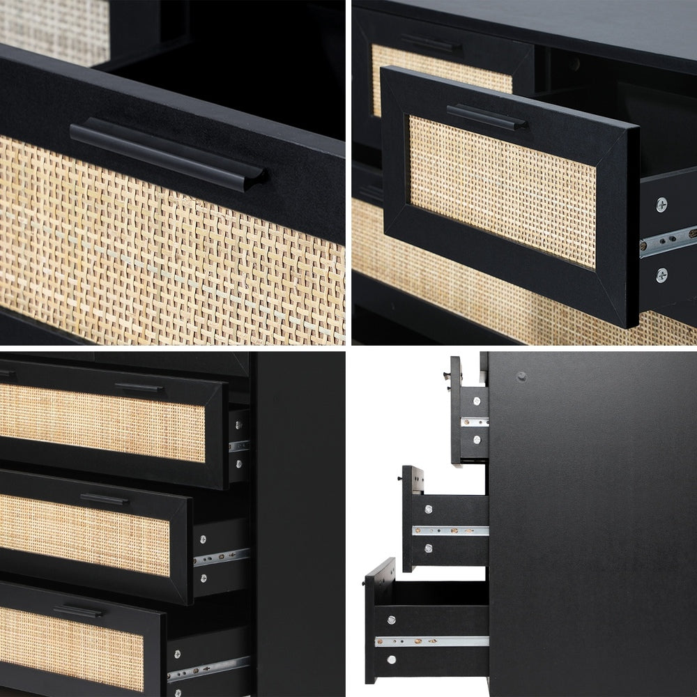 Oikiture 5 Chest of Drawers Dresser Rattan Black-Chest of Drawers-PEROZ Accessories