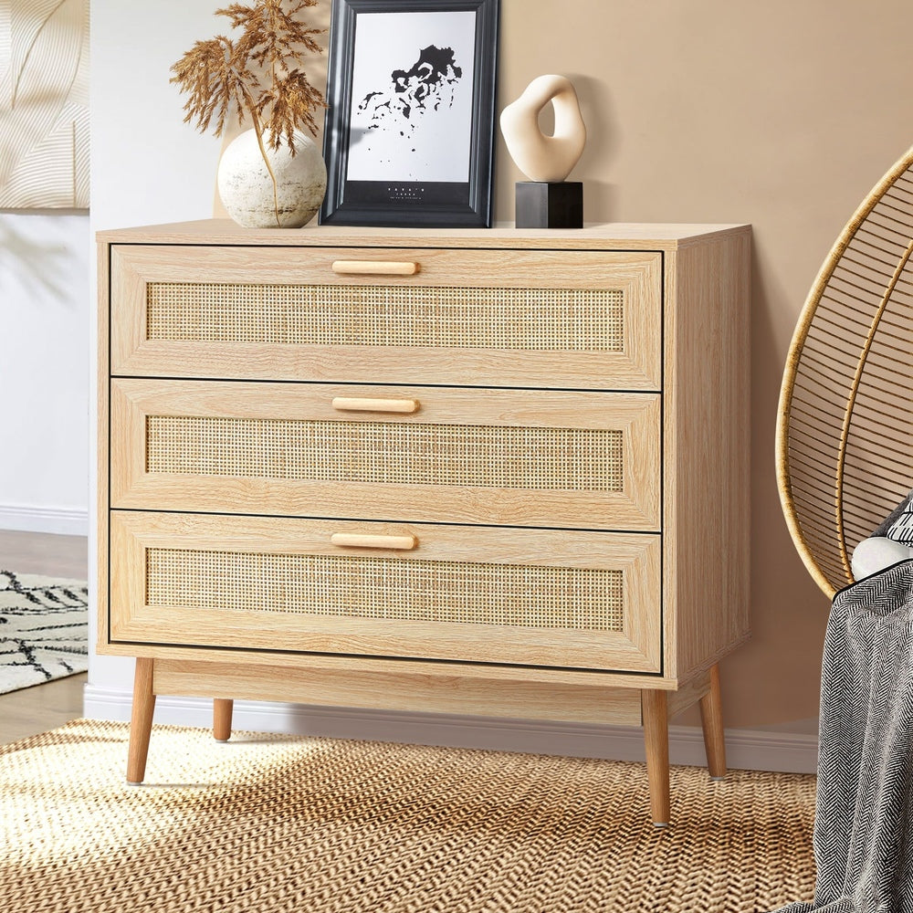 Oikiture 3 Chest of Drawers Tallboy Cabinet Clothes Storage Rattan Furniture-Chest of Drawers-PEROZ Accessories
