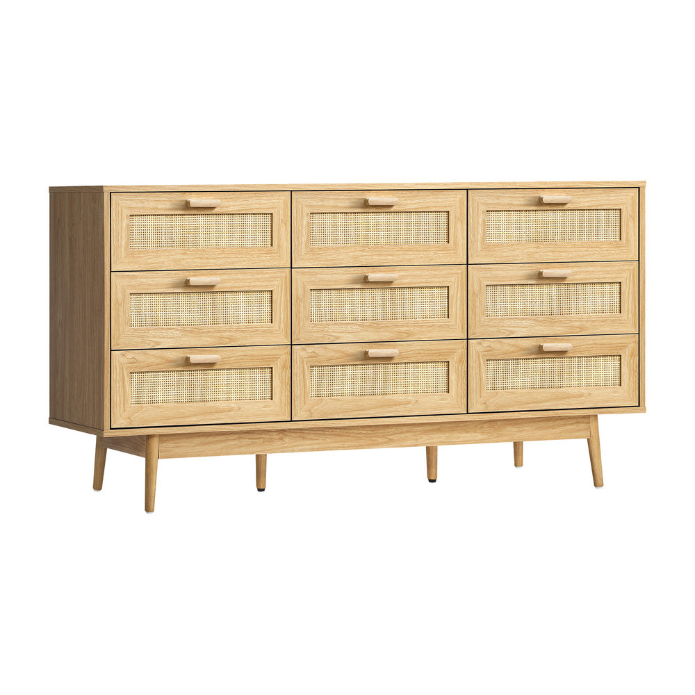 Oikiture 9 Chest of Drawers Dresser Rattan Storage Cabinet Lowboy Bedroom Wooden-Chest of Drawers-PEROZ Accessories