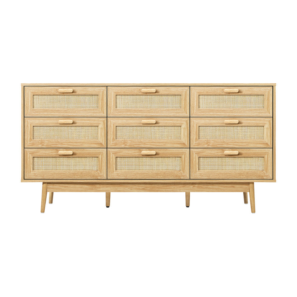 Oikiture 9 Chest of Drawers Dresser Rattan Storage Cabinet Lowboy Bedroom Wooden-Chest of Drawers-PEROZ Accessories