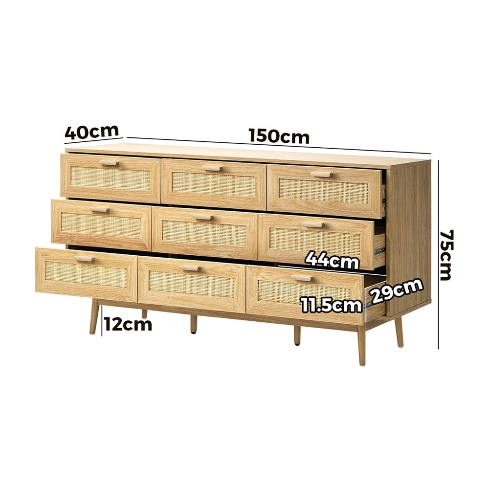 Oikiture 9 Chest of Drawers Dresser Rattan Storage Cabinet Lowboy Bedroom Wooden-Chest of Drawers-PEROZ Accessories