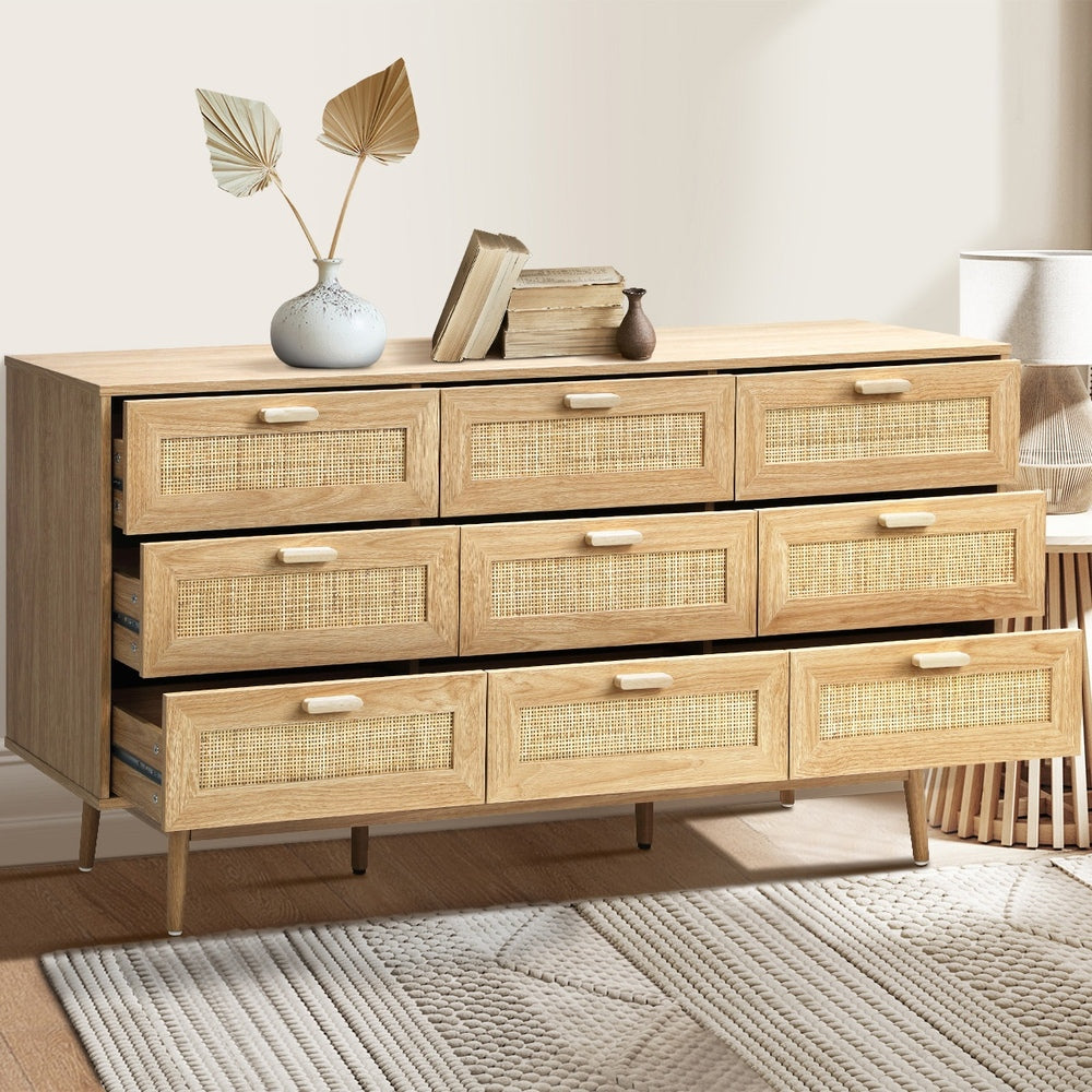 Oikiture 9 Chest of Drawers Dresser Rattan Storage Cabinet Lowboy Bedroom Wooden-Chest of Drawers-PEROZ Accessories