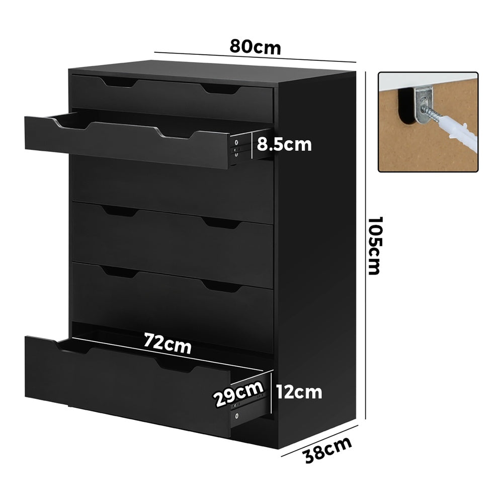Oikiture 6 Chest of Drawers Tallboy Storage Cabinet Dresser Bedroom Black-Chest of Drawers-PEROZ Accessories