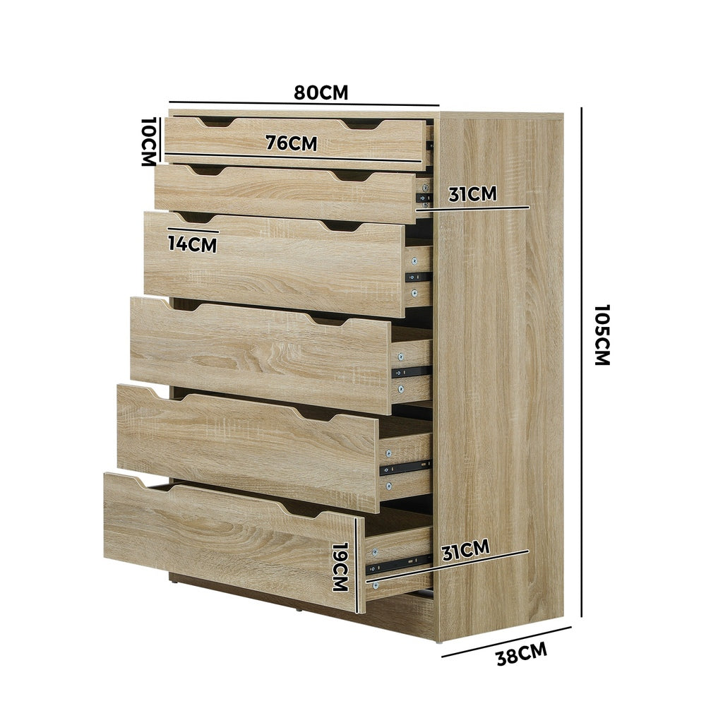Oikiture 6 Chest of Drawers Tallboy Cabinet Bedroom Clothes Wooden Furniture-Chest of Drawers-PEROZ Accessories
