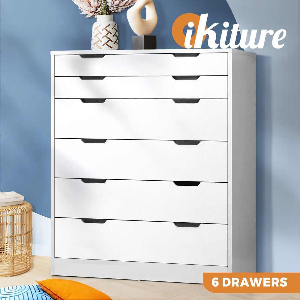 Oikiture 6 Chest of Drawers Tallboy Cabinet Bedroom Clothes White Furniture-Chest of Drawers-PEROZ Accessories