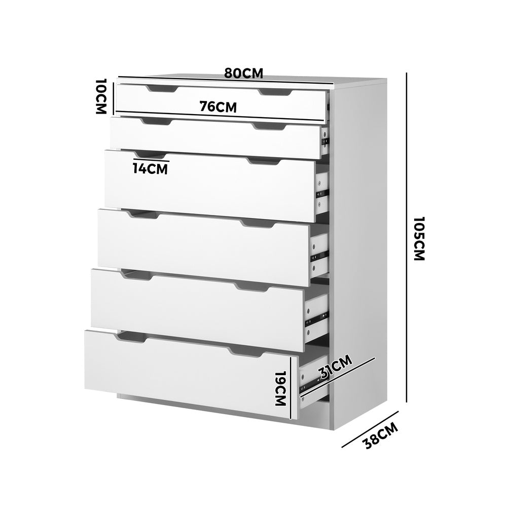 Oikiture 6 Chest of Drawers Tallboy Cabinet Bedroom Clothes White Furniture-Chest of Drawers-PEROZ Accessories