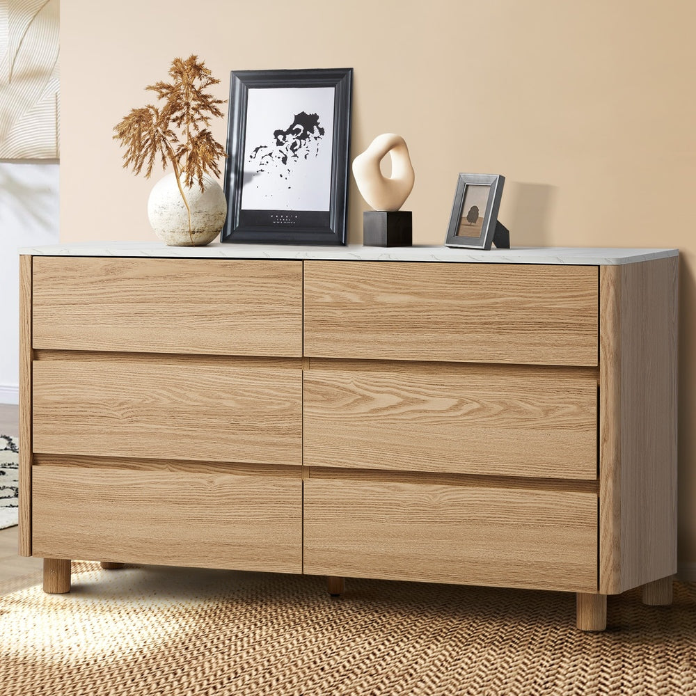 Oikiture 6 Chest of Drawers Dresser Faux Marble Top Natural-Chest of Drawerss-PEROZ Accessories