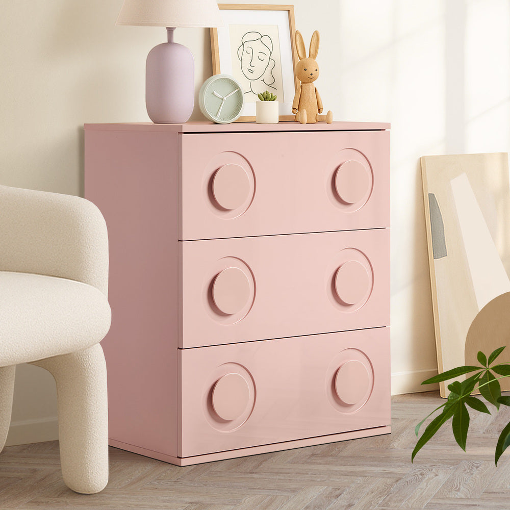 Oikiture 3 Chest of Drawers Cabinet Bedroom Dresser Night Stand Pink-Chest of Drawers-PEROZ Accessories