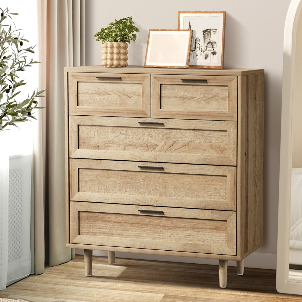 Oikiture 5 Chest of Drawers Dresser Tallboy Natural-Chest of Drawers-PEROZ Accessories