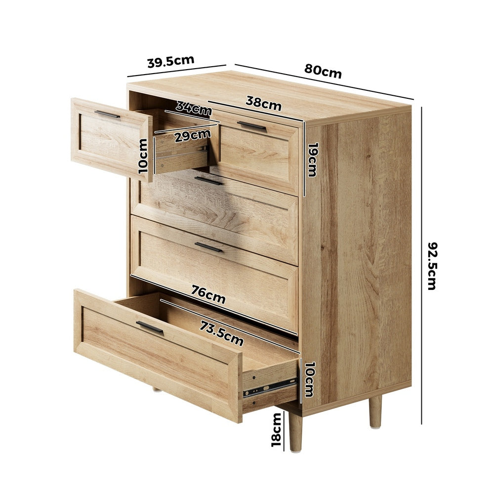 Oikiture 5 Chest of Drawers Dresser Tallboy Natural-Chest of Drawers-PEROZ Accessories