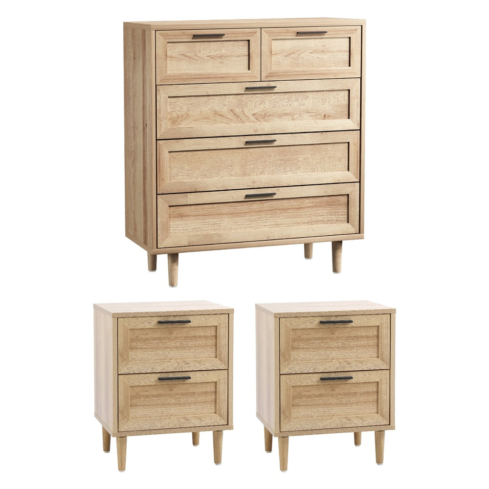 Oikiture 5 Chest of Drawers and 2 Bedside Tables Bedroom Set Natural-Bedroom Set-PEROZ Accessories