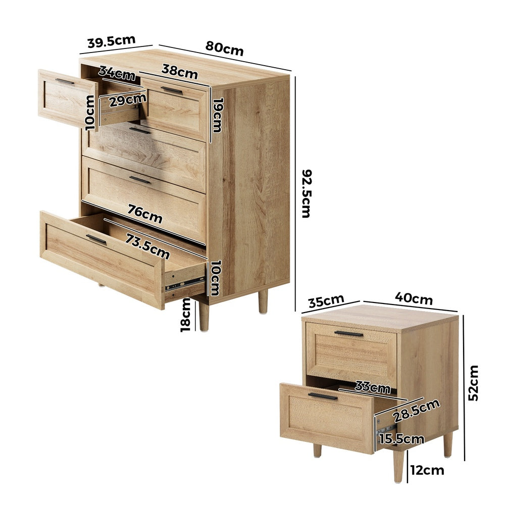 Oikiture 5 Chest of Drawers and 2 Bedside Tables Bedroom Set Natural-Bedroom Set-PEROZ Accessories