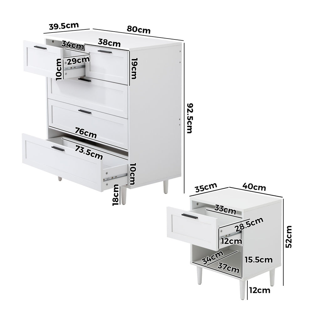 Oikiture Bedroom Set 5 Chest of Drawers and 2 Bedside Tables White-Bedroom Set-PEROZ Accessories