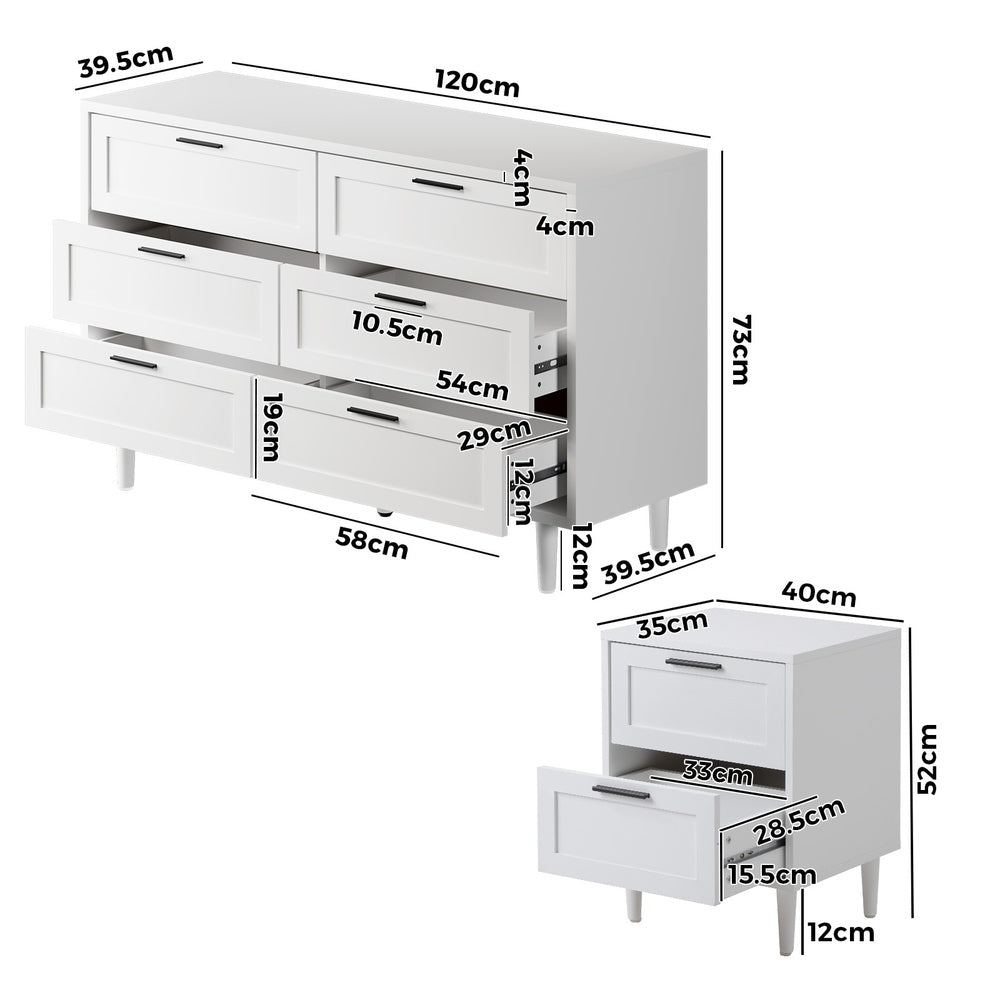 Oikiture 6 Chest of Drawers and 2 Bedside Tables Bedroom Set White-Bedroom Set-PEROZ Accessories