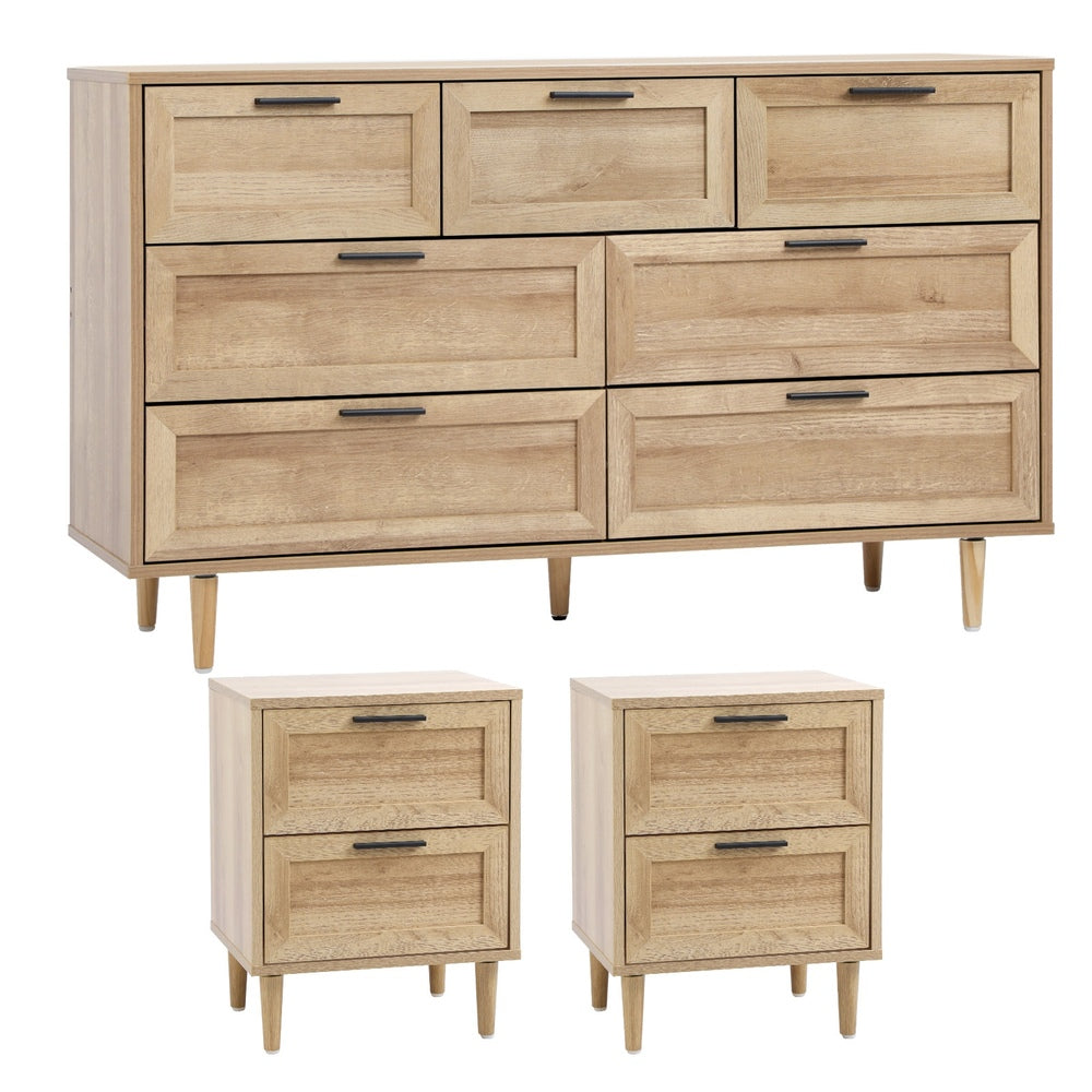 Oikiture 7 Chest of Drawers and 2 Bedside Tables Bedroom Set Natural-Bedroom Set-PEROZ Accessories