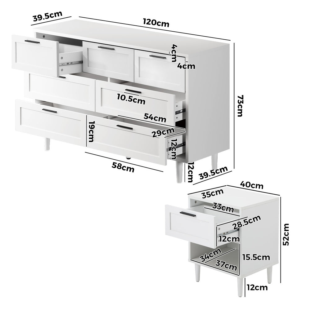 Oikiture Bedroom Set 7 Chest of Drawers and 2 Bedside Tables White-Bedroom Set-PEROZ Accessories