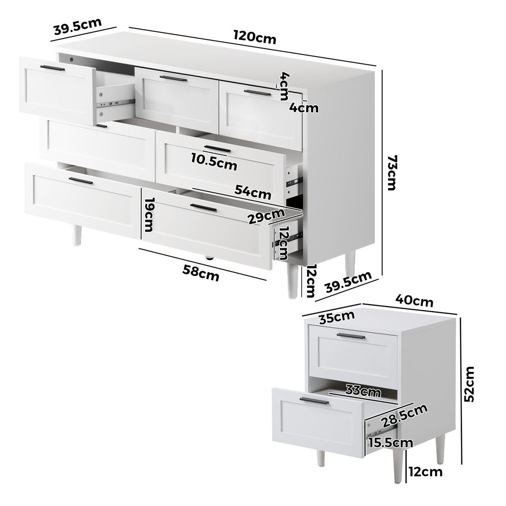 Oikiture 7 Chest of Drawers and 2 Bedside Tables Bedroom Set White-Bedroom Set-PEROZ Accessories
