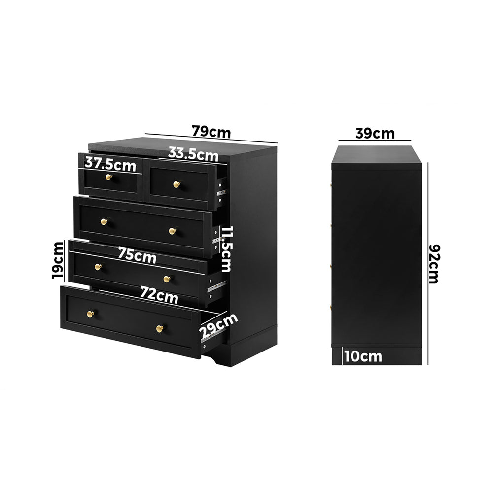 Oikiture Chest of Drawers with 5 Drawers Dresser Tallboy Storage Cabinet Black-Drawers-PEROZ Accessories