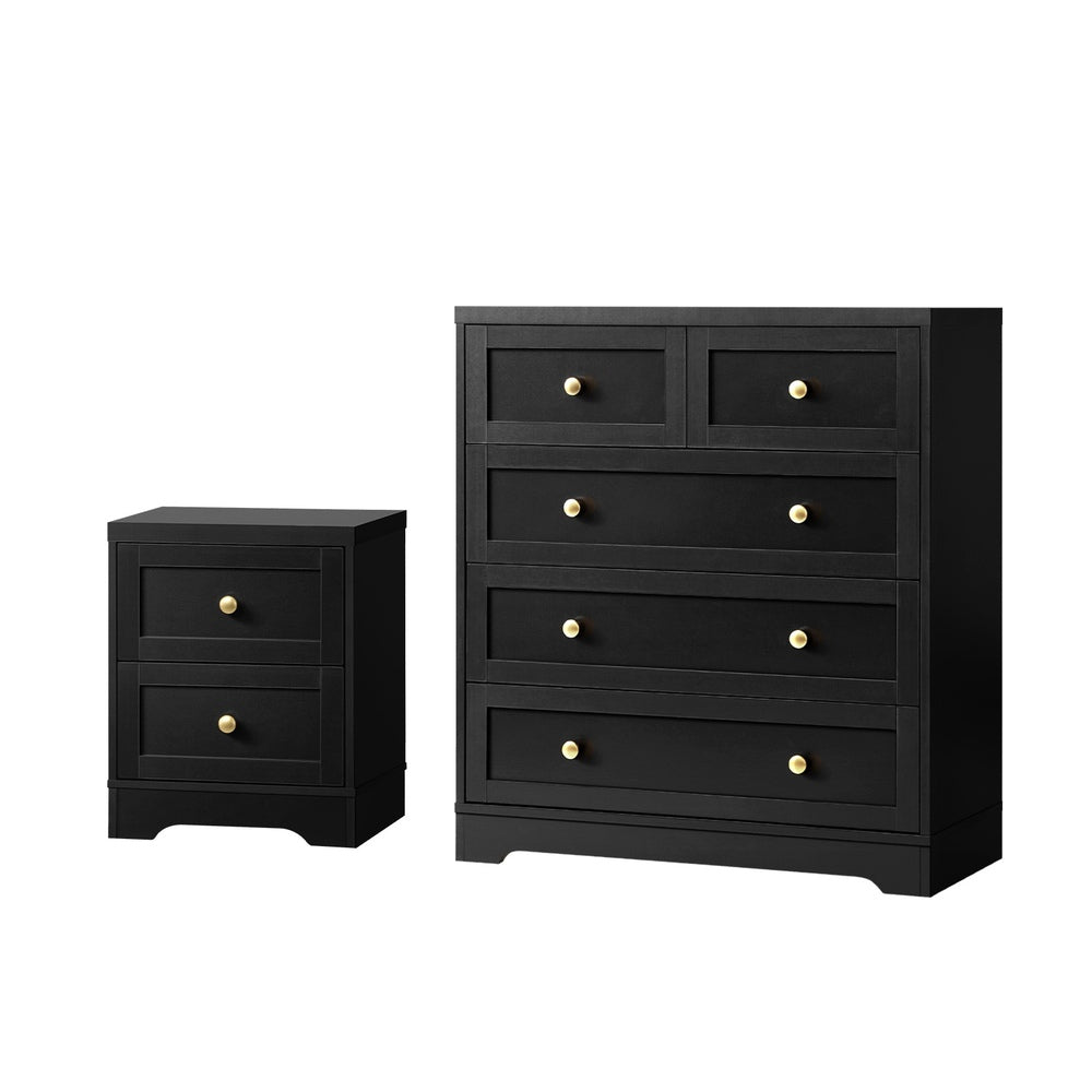 Oikiture 5 Chest of Drawers and Bedside Table Hamptons Furniture Set Black-Chest of Drawers-PEROZ Accessories