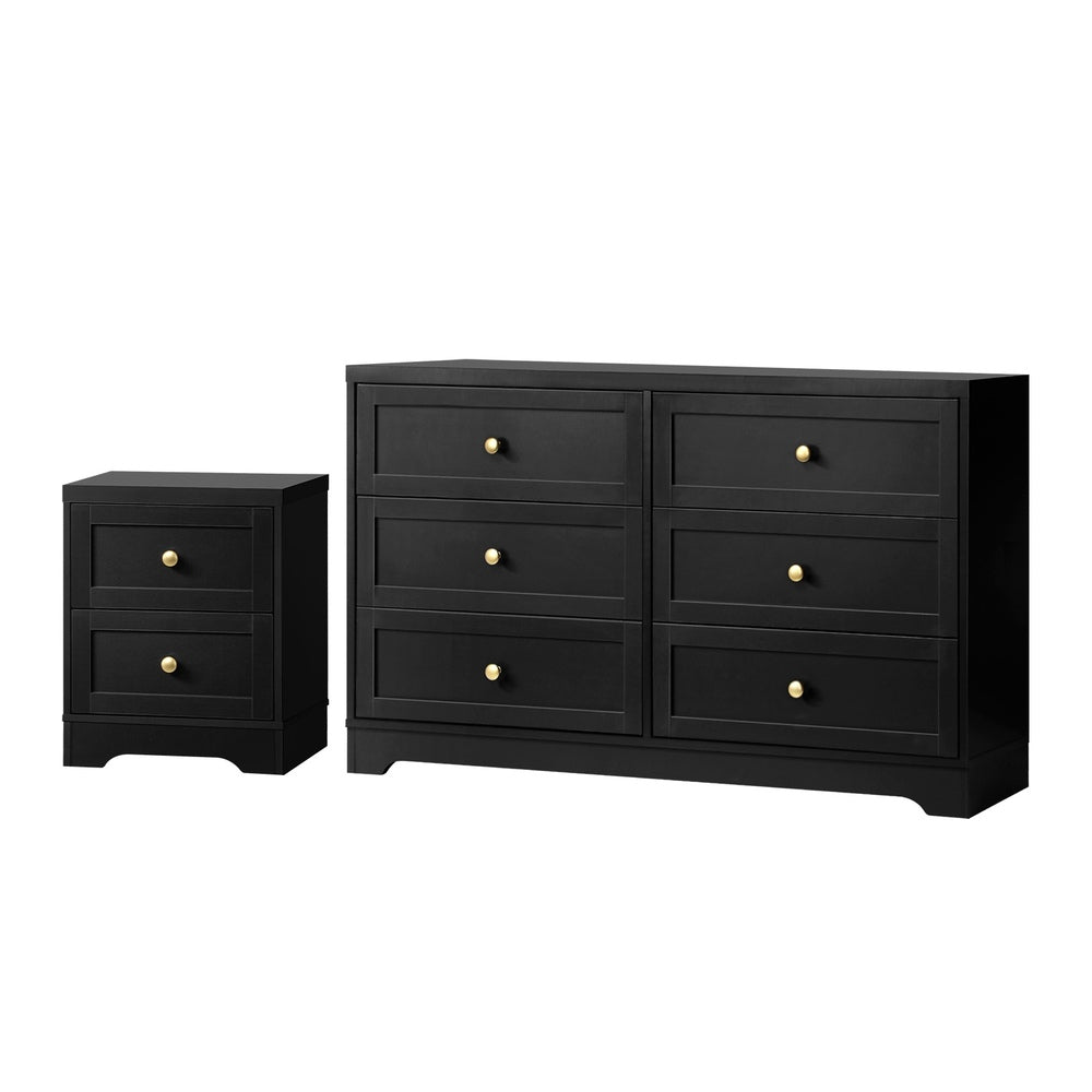 Oikiture 6 Chest of Drawers and Bedside Table Hamptons Furniture Set Black-Chest of Drawers-PEROZ Accessories