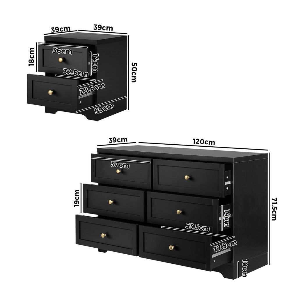 Oikiture 6 Chest of Drawers and Bedside Table Hamptons Furniture Set Black-Chest of Drawers-PEROZ Accessories