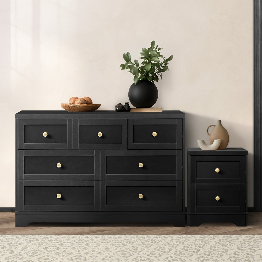 Oikiture 7 Chest of Drawers and Bedside Table Hamptons Furniture Set Black-Chest of Drawers-PEROZ Accessories