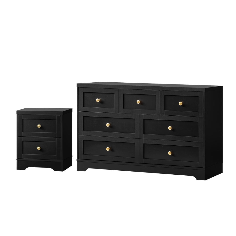 Oikiture 7 Chest of Drawers and Bedside Table Hamptons Furniture Set Black-Chest of Drawers-PEROZ Accessories