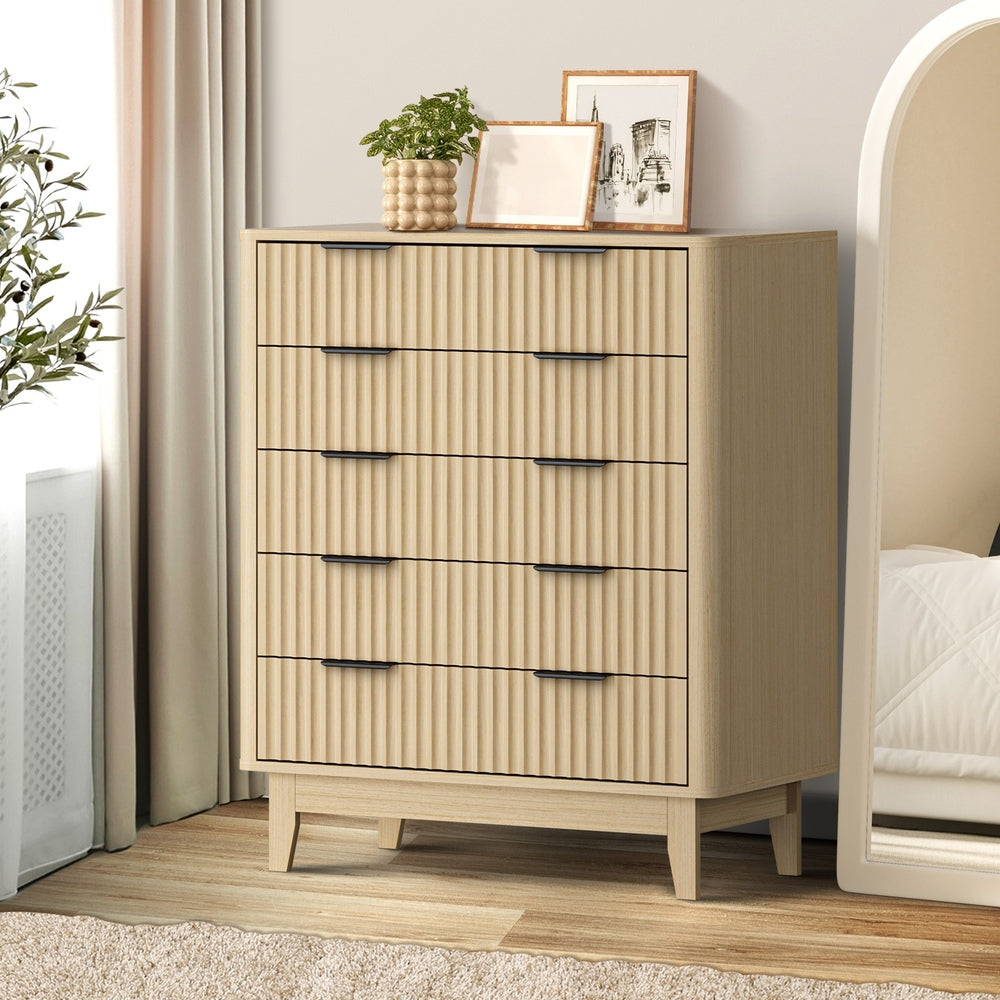 Oikiture 5 Chest of Drawers Dressers Tallboy Stripe Natural-Chest of Drawers-PEROZ Accessories