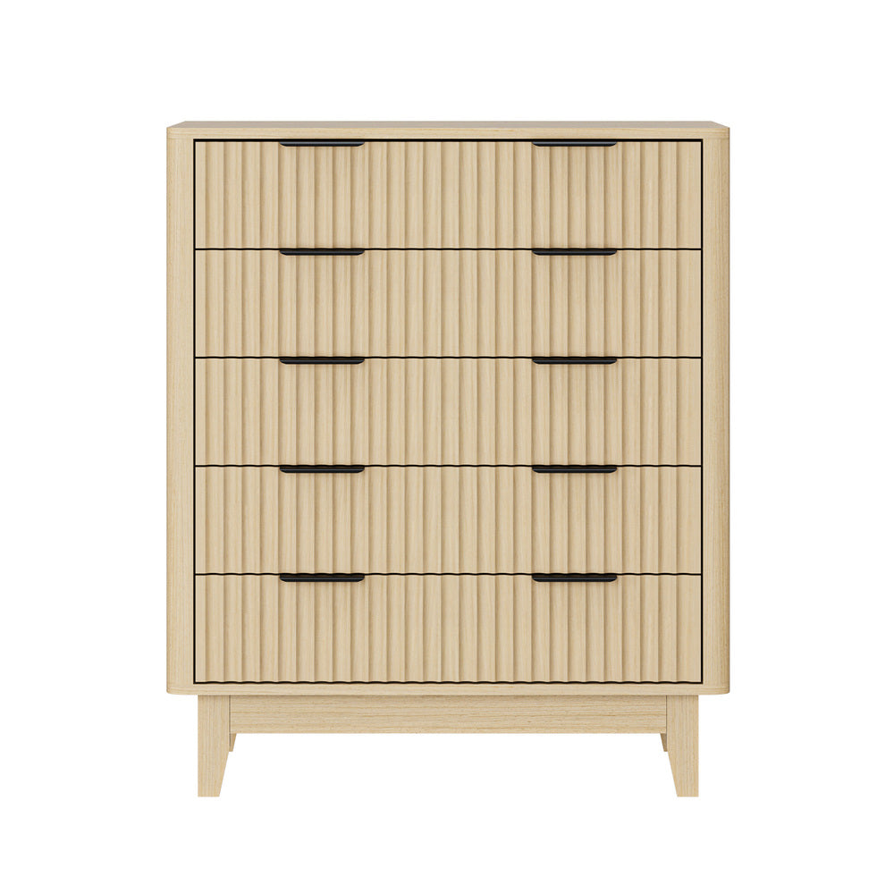 Oikiture 5 Chest of Drawers Dressers Tallboy Stripe Natural-Chest of Drawers-PEROZ Accessories