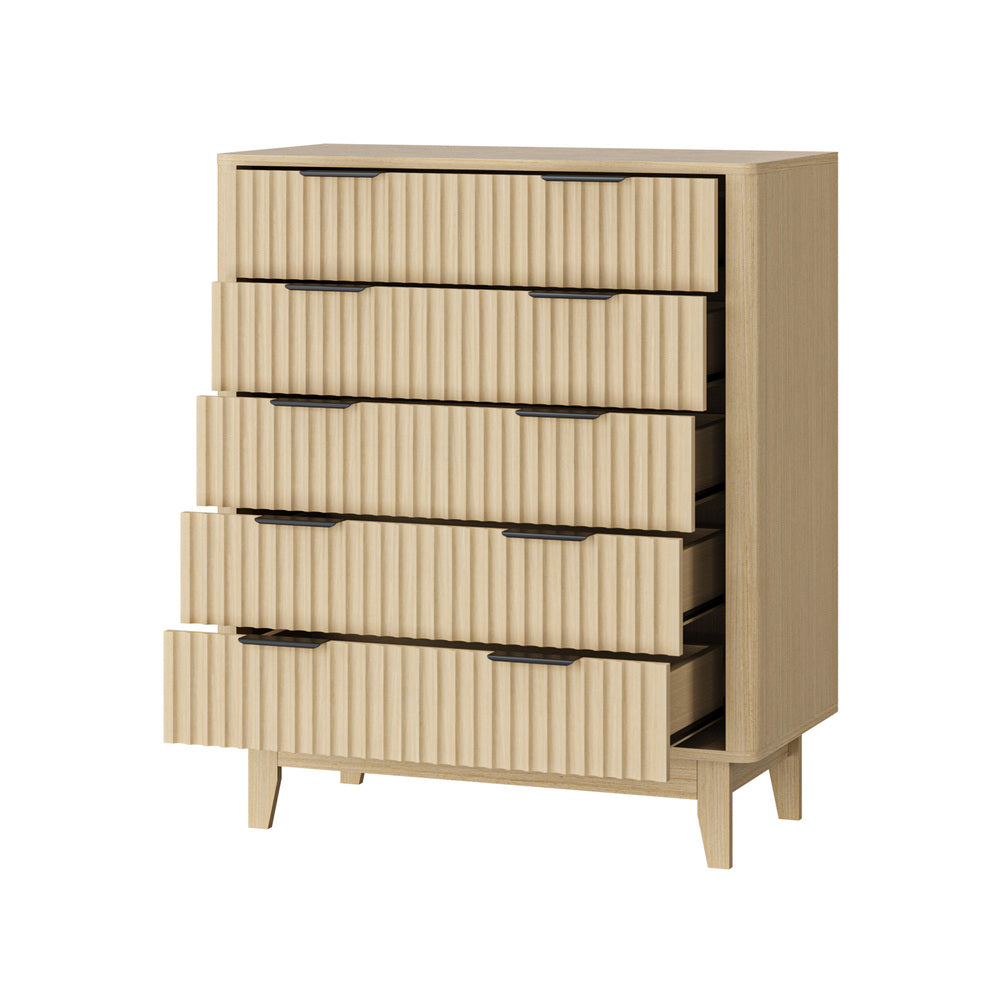 Oikiture 5 Chest of Drawers Dressers Tallboy Stripe Natural-Chest of Drawers-PEROZ Accessories