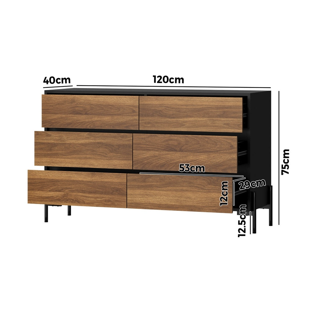 Oikiture 6 Chest of Drawers Cabinet Dresser Table Lowboy Walnut-Chest of Drawers-PEROZ Accessories