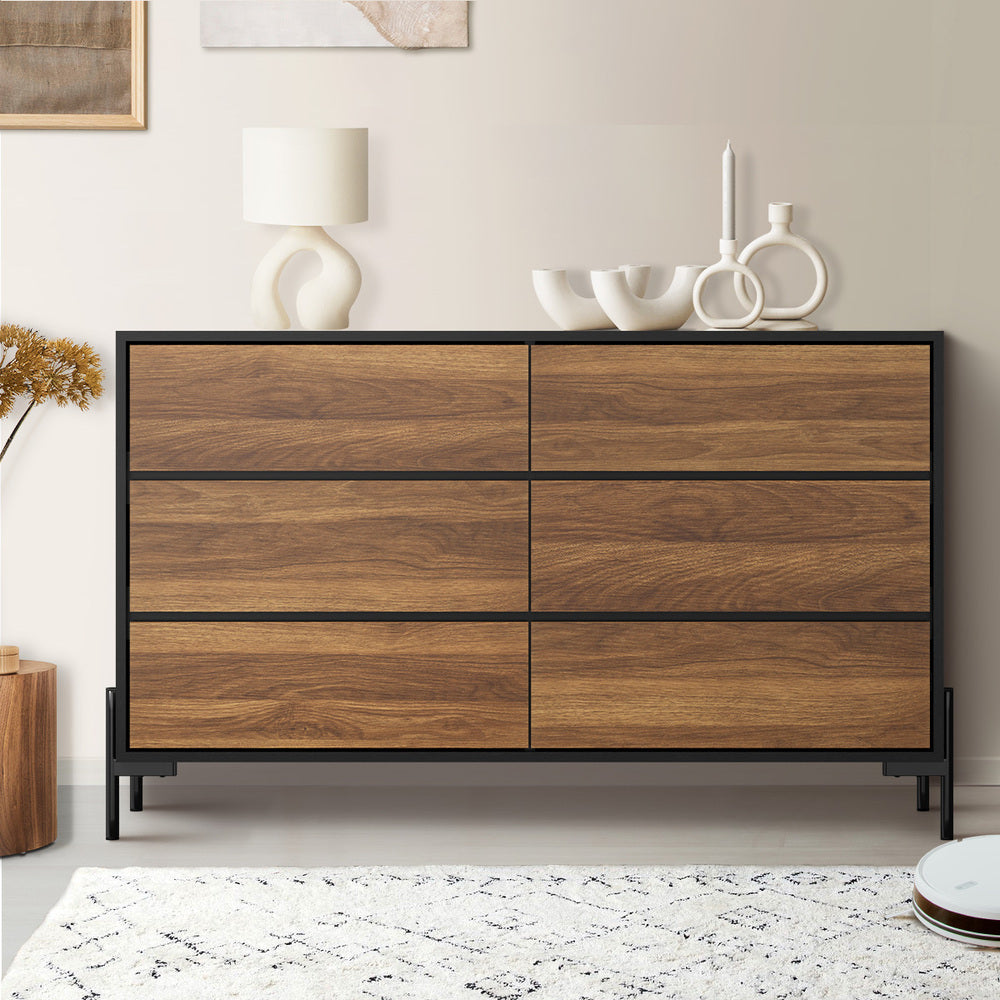 Oikiture 6 Chest of Drawers Cabinet Dresser Table Lowboy Walnut-Chest of Drawers-PEROZ Accessories