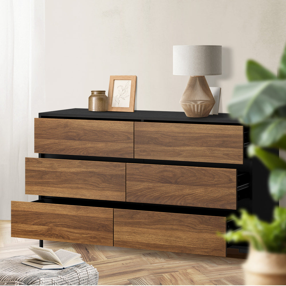 Oikiture 6 Chest of Drawers Cabinet Dresser Table Lowboy Walnut-Chest of Drawers-PEROZ Accessories