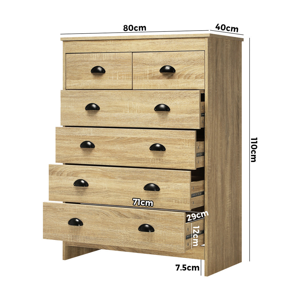 Oikiture Tallboy Chest of Drawer Dresser with 6 Drawers Bedroom Storage Cabinet Natural Wood-Drawers-PEROZ Accessories