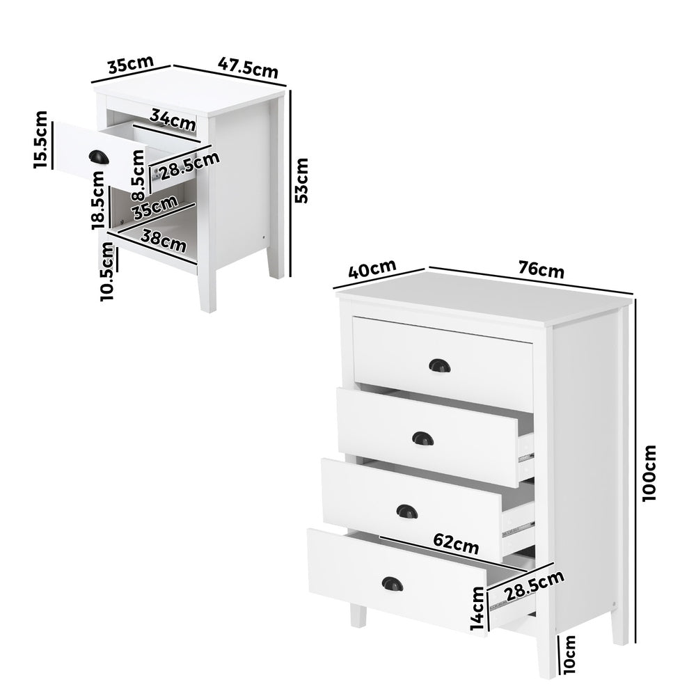 Oikiture 4 Chest of Drawers and Bedside Table Vintage Bedroom Set-Chest of Drawers-PEROZ Accessories