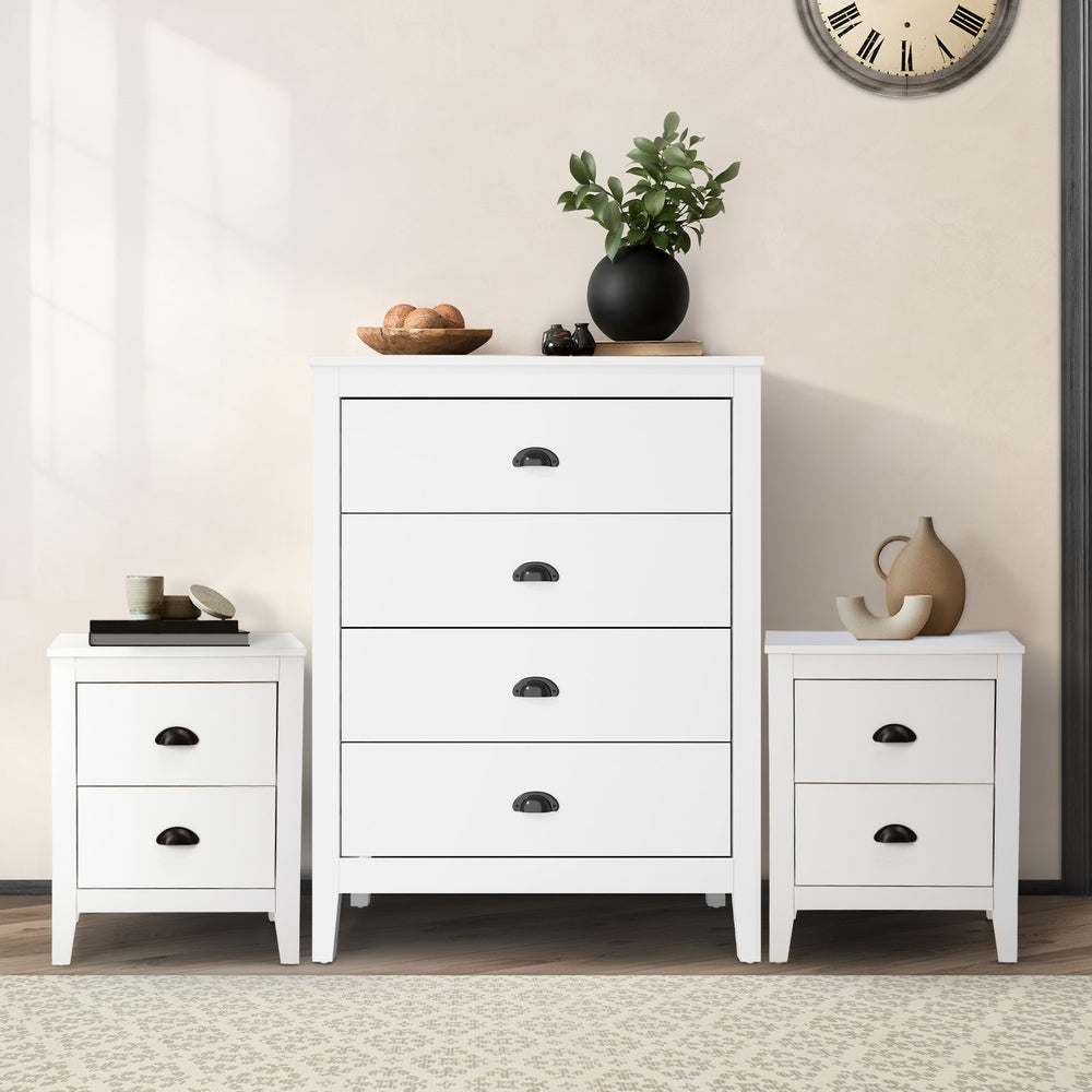 Oikiture 4 Chest of Drawers and 2 Bedside Tables Vintage Bedroom Set White-Chest of Drawers-PEROZ Accessories