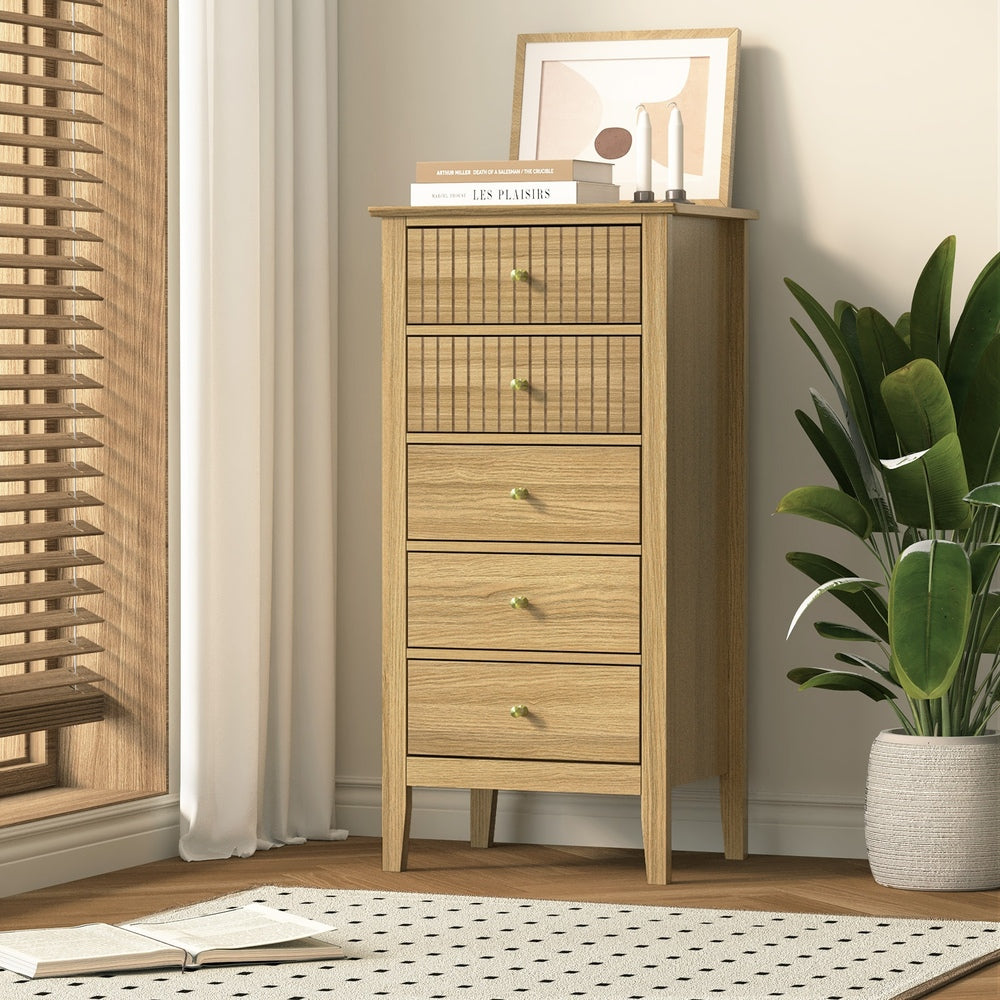 Oikiture 5 Chest of Drawers Dresser Tallboy Storage Cabinet Natural-Chest of Drawerss-PEROZ Accessories