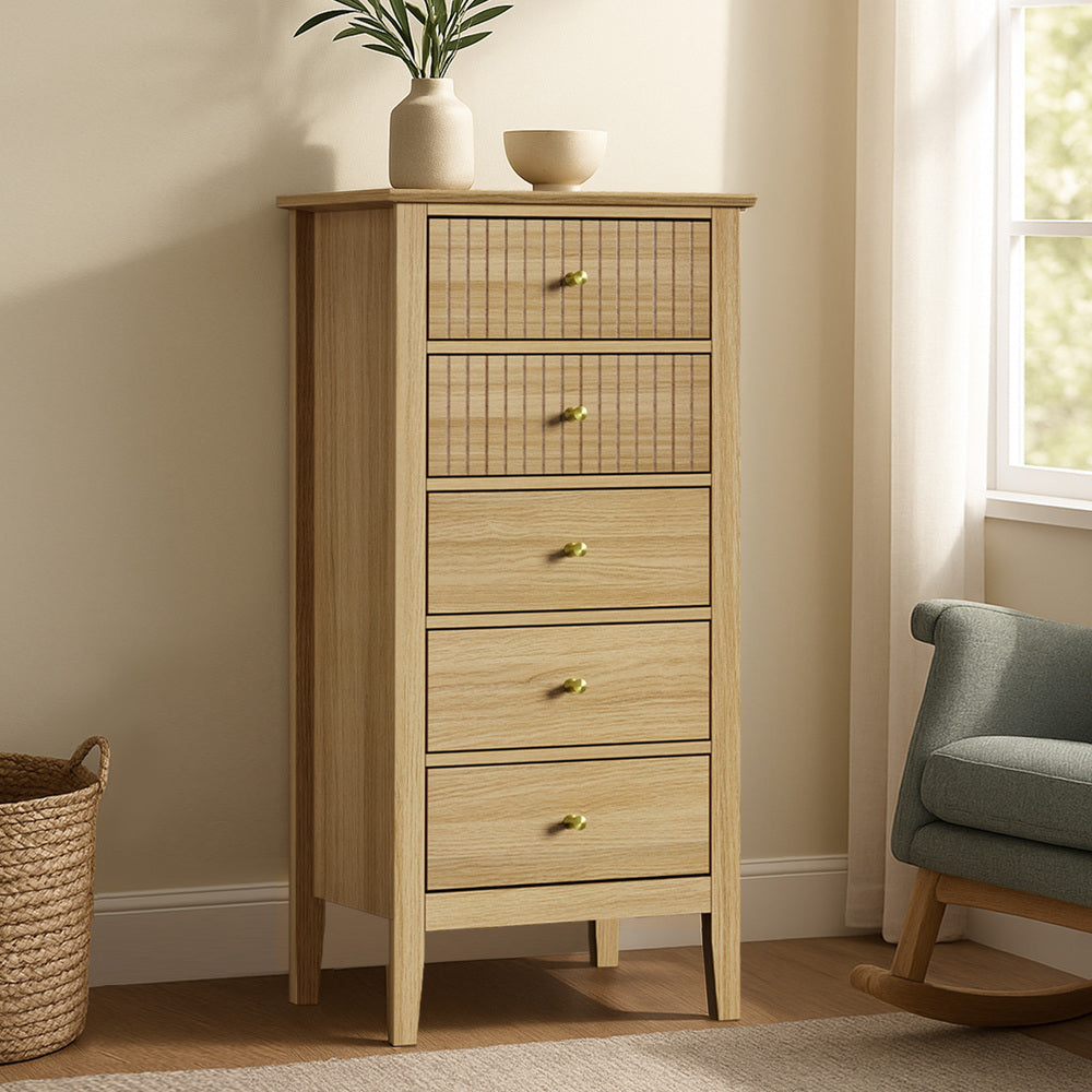 Oikiture 5 Chest of Drawers Dresser Tallboy Storage Cabinet Natural-Chest of Drawerss-PEROZ Accessories