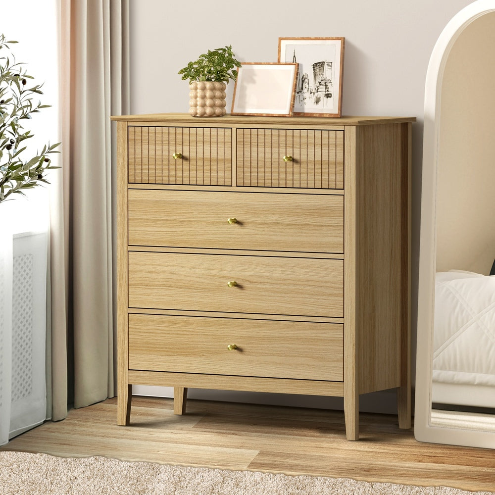 Oikiture 5 Chest of Drawers Dresser Storage Cabinet Tallboy Natural-Chest of Drawerss-PEROZ Accessories