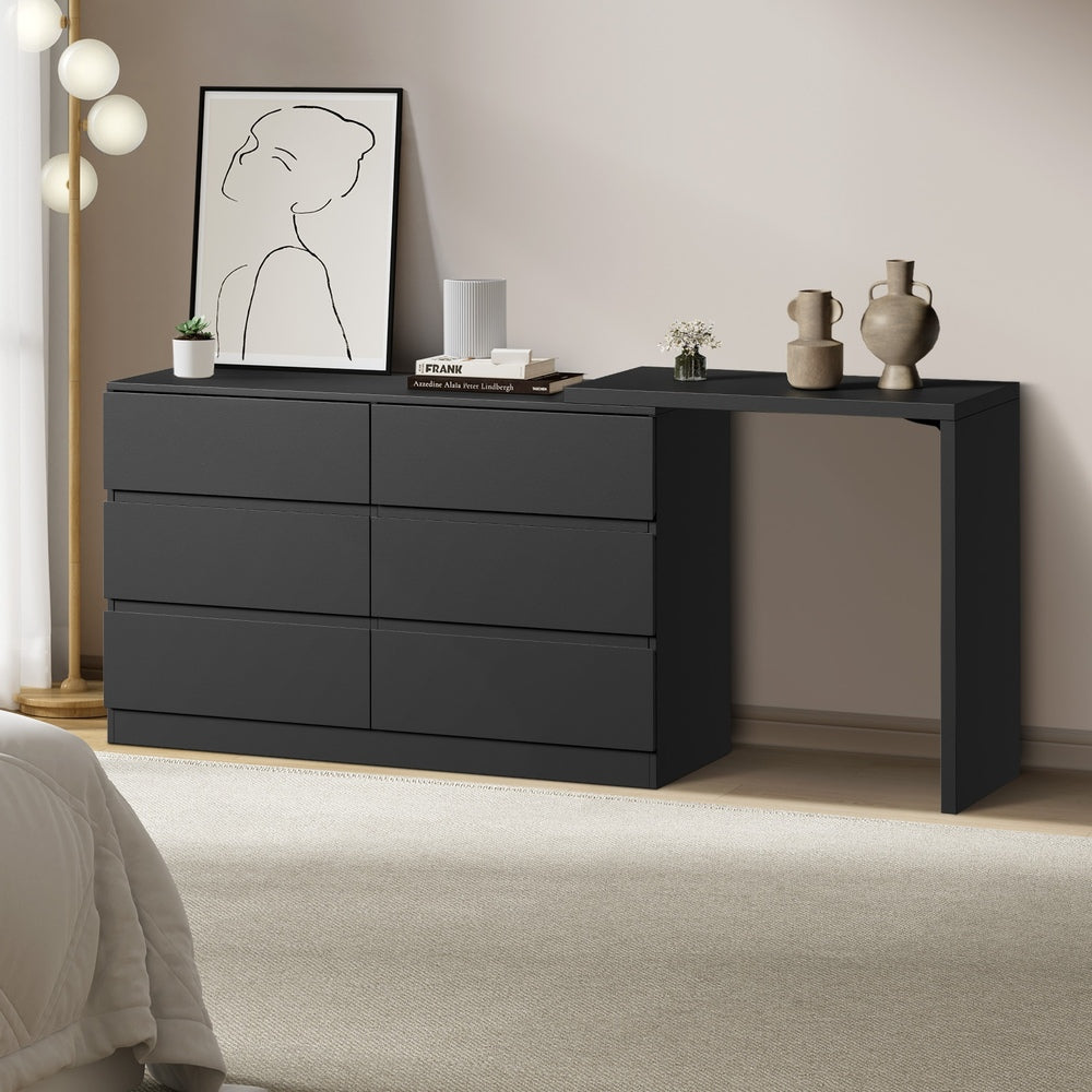 Oikiture 6 Chest of Drawers Dresser with Side Table Black-Chest of Drawerss-PEROZ Accessories