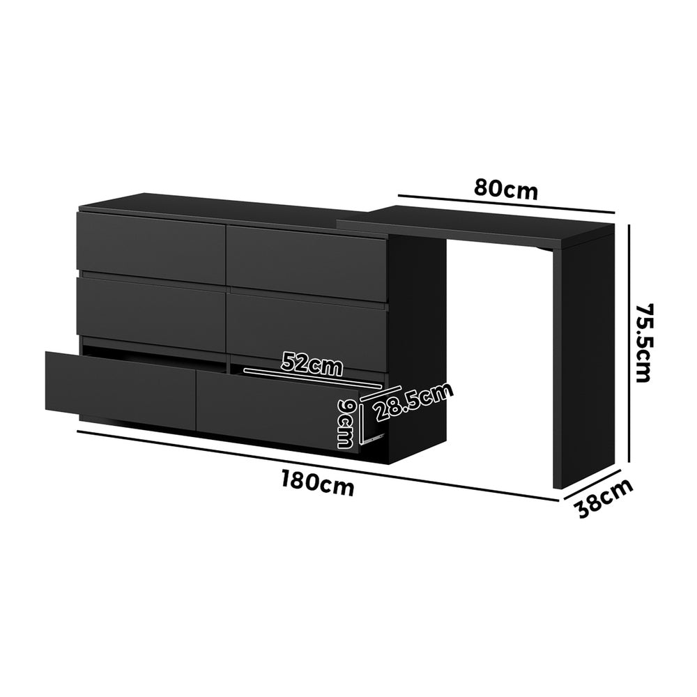Oikiture 6 Chest of Drawers Dresser with Side Table Black-Chest of Drawerss-PEROZ Accessories